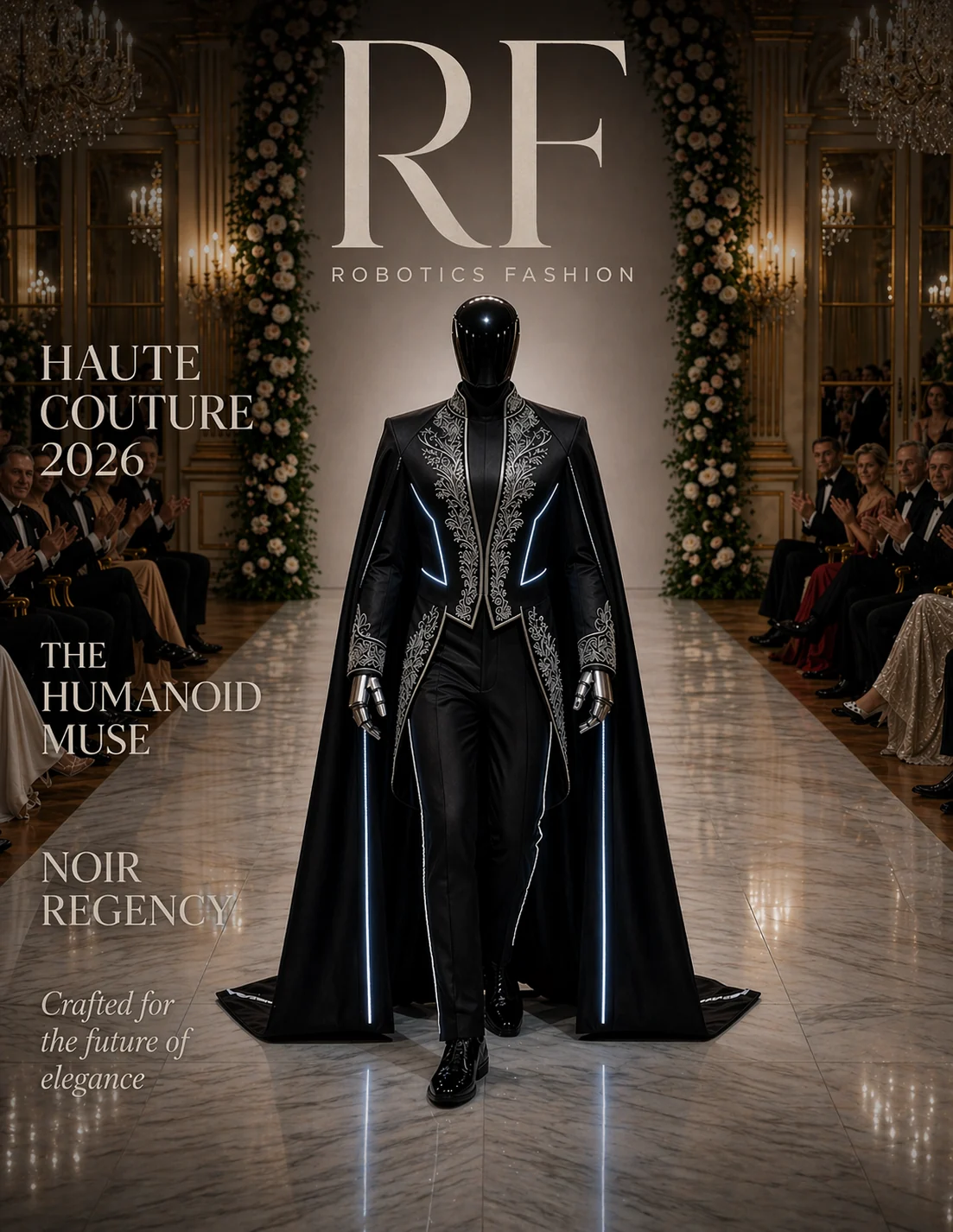 Robotics Fashion haute couture cover with a humanoid runway look
