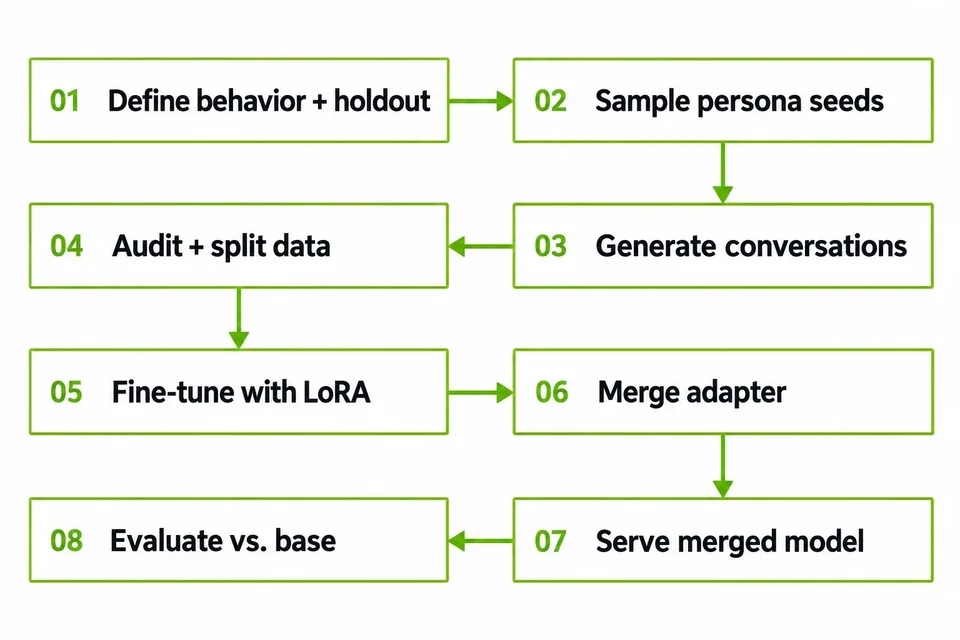 Workflow diagram showing stages for defining behavior, generating conversations, fine-tuning Nemotron with LoRA, and evaluating the model.