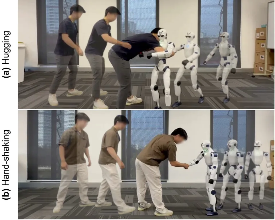 A sequence of photographs shows people demonstrating physical interactions with small humanoid robots, including hugging and hand-shaking.