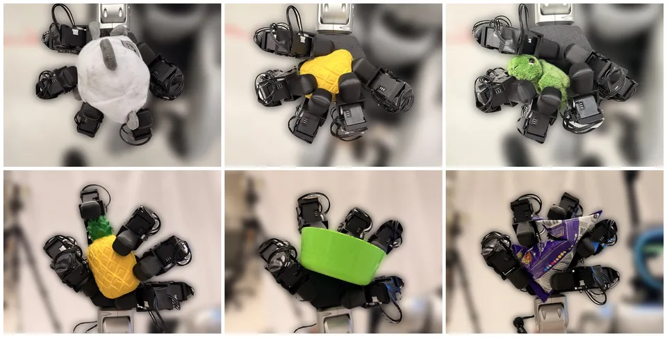 A dexterous robotic hand grasps several unfamiliar objects, shown in a grid of demonstrations.